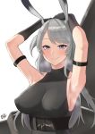  1girl absurdres animal_ears arknights armlet armpits band-width black_gloves blush breasts bunny_ears closed_mouth covered_nipples eyebrows_visible_through_hair gloves grey_eyes grey_hair highres impossible_clothes large_breasts long_hair looking_at_another savage_(arknights) smile solo upper_body 