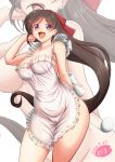  1girl apron breasts brown_hair commentary_request frilled_apron frills hair_ornament hair_ribbon hairclip holding holding_ladle kantai_collection ladle large_breasts long_hair mamiya_(kantai_collection) moke_ro naked_apron ponytail purple_eyes red_ribbon ribbon solo white_apron zoom_layer 