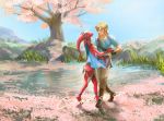  1boy 1girl arm_around_waist blonde_hair cherry_blossoms dancing eye_contact fins fish_girl flower grass hair_ornament head_fins highres holding_hands looking_at_another mipha multicolored multicolored_skin nuavic pointy_ears ponytail red_skin sash short_ponytail smile the_legend_of_zelda the_legend_of_zelda:_breath_of_the_wild water zora 