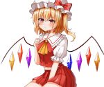  1girl ascot between_legs blonde_hair blush bow breasts crystal flandre_scarlet frilled_sleeves frills frown furrowed_eyebrows hair_between_eyes hand_between_legs hand_on_own_chest hat highres kiui_(dagk8254) midriff_peek miniskirt mob_cap navel one_side_up orange_eyes pleated_skirt puffy_sleeves red_bow red_skirt red_vest seiza short_hair simple_background sitting skirt small_breasts thighs touhou vest white_background wings yellow_neckwear 