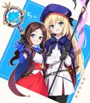  2girls artoria_pendragon_(all) artoria_pendragon_(caster) bangs belt beret black_bow black_gloves black_legwear blue_belt blue_cape blue_eyes blue_gloves blue_headwear blush bow breasts brown_dress brown_hair cape double-breasted dress elbow_gloves fate/grand_order fate_(series) forehead gauntlets gloves green_eyes grin hair_bow hat highres holding holding_staff kodamari leonardo_da_vinci_(fate/grand_order) leonardo_da_vinci_(rider)_(fate) long_hair looking_at_viewer multicolored multicolored_cape multicolored_clothes multiple_girls o-ring_belt open_mouth pantyhose parted_bangs ponytail puff_and_slash_sleeves puffy_short_sleeves puffy_sleeves red_skirt short_sleeves single_gauntlet skirt small_breasts smile staff striped_belt thighs twintails white_dress 