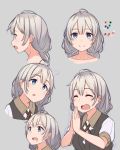  1girl ahoge black_vest blue_eyes braid collarbone color_guide commentary from_side furrowed_eyebrows grey_background grey_hair hands_together highres kizuna_akari kuz long_hair looking_at_viewer multiple_views open_mouth portrait saliva shirt smile upper_body vest voiceroid white_shirt 