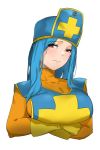  1girl aqua_hair bakkanki blush bodysuit breasts closed_mouth cross dragon_quest dragon_quest_iii gloves hat large_breasts long_hair looking_at_viewer mitre orange_bodysuit priest_(dq3) red_eyes sideboob simple_background skin_tight solo tabard white_background 