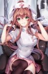  1girl artist_name bangs black_legwear breasts brown_hair chair closed_mouth commentary doki_doki_literature_club dress eyebrows_visible_through_hair gloves green_eyes hair_between_eyes half_gloves hands_up hat high_ponytail highres looking_at_viewer medium_breasts monika_(doki_doki_literature_club) nurse nurse_cap office_chair on_chair pink_skirt pleated_skirt ponytail sitting skirt smile solo squchan thighhighs white_dress white_gloves white_headwear x-ray_film 