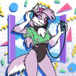  2018 abstract_background anthro baseball_cap biped canid canine canis cassette_player chest_tuft clothing cloud countershading digital_media_(artwork) eyelashes female fur hair hat headgear headphones headwear inner_ear_fluff listening_to_music long_hair looking_at_viewer mammal megawolf77 multicolored_body music_player pattern_background pattern_clothing pink_nose portrait pupils purple_body purple_ears purple_eyes purple_fur purple_hair purple_pupils purple_tail radical_lyka simple_background smile solo standing three-quarter_portrait tuft two_tone_body two_tone_tail white_body white_countershading white_fur white_inner_ear white_tail wolf yellow_sclera 