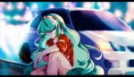  animal_ears aqua_hair blurry blurry_background car cellphone curly_hair green_eyes ground_vehicle hairband hidden_star_in_four_seasons highres himari-san_yanaika horns komainu komano_aun long_hair looking_down motor_vehicle pants phone red_shirt shirt shorts single_horn sitting smartphone touhou white_shorts 