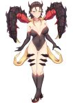  1girl band-width bare_shoulders black_hair breasts breasts_apart claws closed_mouth collarbone commission deep_rock_galactic elbow_gloves english_commentary full_body gloves glyphid_dreadnought high_heels highres horns large_breasts looking_at_viewer monster_girl multicolored_hair navel personification red_hair simple_background smile solo standing streaked_hair white_background yellow_eyes 