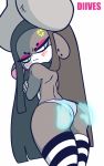  2d_animation animated anthro big_butt blush bovid bovine butt butt_grab clothing diives disembodied_hand female hand_on_butt hi_res legwear looking_back loop mammal panties text thigh_highs underwear w&uacute;huaguǒ xingzuo_temple 