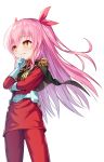  +_+ 1girl absurdres bangs bettle_(b_s_a_n) black_capelet breasts capelet char_aznable char_aznable_(cosplay) cosplay gloves grin hair_ribbon hand_on_own_chin highres himekuma_ribon jacket long_hair pants pink_hair pixel_art re:act red_eyes red_jacket red_pants ribbon sidelocks small_breasts smile transparent_background virtual_youtuber white_gloves 