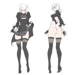  1girl ass black_dress cosplay dress english_commentary high_heels highres holding holding_clothes holding_dress kaine_(nier) leotard looking_at_viewer looking_back looking_down nier nier_(series) nier_automata ozkh6 scowl solo thighhighs white_hair yellow_eyes yorha_no._2_type_b yorha_no._2_type_b_(cosplay) 