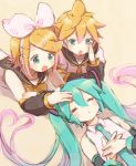  1boy 2girls aqua_hair aqua_neckwear arm_warmers bangs bare_shoulders black_collar black_sleeves blonde_hair bow collar commentary detached_sleeves hair_bow hair_ornament hairclip hand_on_another&#039;s_head hands_on_own_chest hands_together hatsune_miku heart highres kagamine_len kagamine_rin long_hair lying multiple_girls neckerchief necktie on_back on_stomach open_mouth petting sailor_collar school_uniform shirt short_hair short_sleeves sleeveless sleeveless_shirt spiked_hair swept_bangs twintails upper_body very_long_hair vocaloid white_bow white_shirt yellow_neckwear yuirinex 