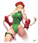  1girl abs blonde_hair braid cameltoe cammy_white clenched_hand closed_mouth covered_abs covered_navel covered_nipples facial_scar fingerless_gloves gloves green_leotard hat highres leotard long_hair muscle muscular_female ozkh6 pouch red_gloves red_headwear scar signature simple_background solo street_fighter thigh_strap turtleneck twintails white_background 