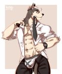  2018 5_fingers abs anthro beenic belt black_nose black_pawpads bottomwear bulge canid canine canis chest_tuft clock clothed clothing domestic_dog dress_shirt eyewear fingers fur glasses grey_body grey_fur hair hi_res hittoga humanoid_hands husky male mammal multicolored_body multicolored_fur muscular muscular_anthro muscular_male necktie nordic_sled_dog open_bottomwear open_clothing open_pants open_shirt open_topwear pants pawpads pecs shirt simple_background solo spitz topwear tuft two_tone_body two_tone_fur undressing watch white_body white_fur white_hair wristwatch yellow_eyes 