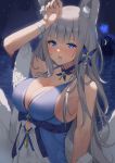  1girl animal_ear_fluff animal_ears azur_lane bangs bare_shoulders blue_butterfly blue_dress blue_eyes blush breasts cleavage commentary_request dress eyebrows_visible_through_hair feather_boa fox_ears fox_tail grey_hair kitsune large_breasts long_hair looking_at_viewer mashiro_kta multiple_tails parted_lips shinano_(azur_lane) shinano_(light_of_the_hazy_moon)_(azur_lane) sleeveless sleeveless_dress solo tail very_long_hair 