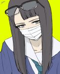  1girl absurdres artist_name blazer camouflage_headwear covered_mouth eizouken_ni_wa_te_wo_dasu_na! eyewear_on_head freckles green_background grimace highres jacket kanamori_sayaka looking_at_viewer mask mouth_mask sanpaku sekirei_tessar semi-rimless_eyewear simple_background solo 