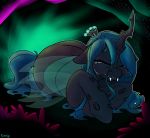  abandoned abstract_background arthropod bodily_fluids changeling crying eyes_closed fangs friendship_is_magic green_hair hair hasbro hi_res hole_(anatomy) horn insect_wings long_hair my_little_pony queen_chrysalis_(mlp) skoon tears unfinished wings 