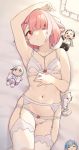  1girl absurdres arm_up blurry bra breasts bright_pupils character_doll cloba depth_of_field emilia_(re:zero) eyebrows_visible_through_hair eyes_visible_through_hair garter_belt hair_ornament hair_over_one_eye heart_ring heart_ring_top highres lingerie looking_at_viewer lying natsuki_subaru navel on_back panties pink_hair puck_(re:zero) ram_(re:zero) re:zero_kara_hajimeru_isekai_seikatsu red_eyes rem_(re:zero) short_hair small_breasts solo thighhighs underwear underwear_only white_bra white_legwear white_panties white_pupils x_hair_ornament 