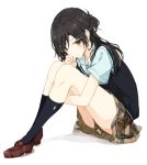  1girl bangs bare_thighs black_hair black_legwear blush closed_mouth eyebrows eyebrows_visible_through_hair kneehighs long_hair looking_at_viewer original pleated_skirt red_eyes school_uniform shiina_kuro shoes sitting skirt solo uniform 