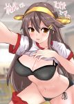  1girl absurdres alternate_costume black_bra black_panties blush bra breasts brown_eyes cleavage grey_hair hair_ornament hairclip haruna_(kantai_collection) headgear highres kantai_collection kitahama_(siroimakeinu831) large_breasts lifted_by_self long_hair navel panties remodel_(kantai_collection) shirt_lift shorts_down solo thighs twitter_username underwear 