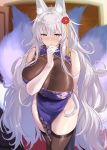  1girl animal_ear_fluff animal_ears azur_lane bangs bare_shoulders batsu black_legwear blush breasts china_dress chinese_clothes cleavage collarbone commentary_request covered_navel dress elbow_gloves eyebrows_visible_through_hair fox_ears fox_girl fox_tail gloves hair_ornament half-closed_eyes heart heart-shaped_pupils huge_breasts indoors kitsune long_hair looking_at_viewer mole mole_under_eye multiple_tails open_mouth pelvic_curtain purple_eyes shinano_(azur_lane) side_slit silver_hair sleeveless sleeveless_dress solo standing symbol-shaped_pupils tail thighhighs thighs very_long_hair white_gloves 