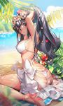  1girl adjusting_hair arms_up artist_request ass bangs beach beach_towel bikini black_hair blush breasts chang&#039;e_(destiny_child) cleavage cloud day destiny_child flower fox_mask from_behind hair_ornament large_breasts leaf long_hair mask mask_on_head ocean official_art outdoors parted_lips ponytail sand sarong sitting sky solo sparkle swimsuit towel white_bikini 