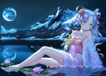  aqua_hair flowers hyonee long_hair moon night original reflection sky twintails water 