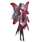  1girl absurdres bangs bare_shoulders boots breasts butterfly_wings dress fairy_wings fire_emblem fire_emblem_heroes floating floating_object gradient gradient_hair grey_hair hair_ornament hand_up highres large_breasts long_hair looking_at_viewer multicolored_hair official_art pelvic_curtain plumeria_(fire_emblem) pointy_ears ponytail red_eyes shiny shiny_clothes shiny_hair shiny_skin sleeveless smile solo thigh_boots thighhighs thorns tied_hair white_background wings yoshiku_(oden-usagi) 