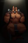  2019 anthro bdsm big_muscles black_nipples black_nose black_sclera bondage bound brown_body brown_fur canid canine canis clothed clothing dal_(dal_your_pal) dog_tags domestic_dog fur german_shepherd haduko1 herding_dog hi_res huge_muscles looking_at_viewer male mammal muscular muscular_anthro muscular_male nipples pastoral_dog rope sitting snarling solo striped_body striped_fur stripes topless underwear underwear_only 