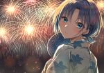  1girl aqua_eyes asakura_tooru bangs blush earrings fan firework_background fireworks floral_print hair_ornament hair_tie highres holding holding_fan idolmaster idolmaster_shiny_colors japanese_clothes jewelry kimono looking_at_viewer looking_back multicolored_hair night outdoors parted_bangs parted_lips ponytail short_hair solo two-tone_hair upper_body x_hair_ornament yukata yuzuyu_(hyui) 
