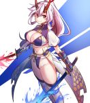  1girl bangs bikini blue_bikini breasts cleavage dual_wielding fate/grand_order fate_(series) flaming_sword flaming_weapon highres holding horns katana large_breasts long_hair looking_at_viewer navel pokupoku_(yamanashi_yuuya) ponytail puffy_short_sleeves puffy_sleeves red_horns see-through_sleeves short_sleeves shrug_(clothing) smile swimsuit sword thighhighs tomoe_gozen_(fate/grand_order) tomoe_gozen_(swimsuit_saber)_(fate) waist_cape weapon white_legwear 