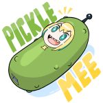  1girl absurdres amano_pikamee artist_name blonde_hair blue_eyes highres james_choo objectification open_mouth pickle pun rick_and_morty sharp_teeth simple_background solo teeth virtual_youtuber voms white_background 