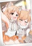  2girls \n/ akaisuto animal_ears armpits bangs bare_arms bare_shoulders blush breasts brown_eyes character_name closed_mouth commentary_request elbow_gloves extra_ears eyebrows_visible_through_hair fang fox_ears fox_girl fox_tail fur_collar gloves half-closed_eyes highres indoors kemono_friends light_brown_hair light_smile medium_hair microskirt multicolored_hair multiple_girls open_mouth outstretched_arm pale_fox_(kemono_friends) panties parted_bangs photo_(object) pink_panties pleated_skirt reaching_out self_shot shiny shiny_hair shirt short_sleeves side-by-side sideboob sidelocks skirt sleeveless sleeveless_shirt smile tail tareme tibetan_sand_fox_(kemono_friends) tsurime two-tone_hair underwear vest white_hair yellow_eyes 