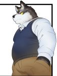  2020 absurd_res anthro belly black_nose bottomwear canid canine canis clothing domestic_dog hi_res kemono male mammal neiiio pants shirt simple_background slightly_chubby solo topwear 