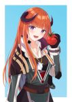  1girl :d arknights bagpipe_(arknights) bangs black_gloves blue_background border commentary_request doku-doku eyebrows_visible_through_hair food gloves hand_up head_tilt high_collar highres holding holding_food horns jacket long_hair long_sleeves looking_at_viewer open_mouth orange_hair outside_border partial_commentary purple_eyes smile solo tomato upper_body very_long_hair white_border 