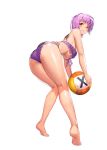  1girl ass ayane_(doa) ball bangs bare_arms bare_shoulders barefoot bikini blush breasts closed_mouth dead_or_alive destiny_child from_behind full_body holding kim_hyung_tae large_breasts lips looking_at_viewer looking_back official_art purple_bikini purple_hair red_eyes shiny shiny_hair shiny_skin short_hair smile swimsuit thighs toes underboob volleyball 