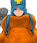  1girl aqua_hair bakkanki bodysuit breasts closed_mouth dragon_quest dragon_quest_iii hat huge_breasts long_hair looking_at_viewer mitre orange_bodysuit priest_(dq3) red_eyes simple_background skin_tight solo staff tabard weapon white_background 