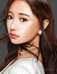  1girl absurdres boris_(borisasf) brown_eyes brown_hair close-up earrings grey_background highres jewelry long_hair looking_at_viewer parted_lips portrait procreate_(medium) real_life realistic signature solo twice_(group) tzuyu_(twice) 