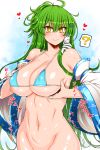  1girl ? bangs bikini blue_bikini blush breast_hold breasts cleavage covered_nipples detached_sleeves eyebrows_visible_through_hair frog_hair_ornament green_hair hair_ornament heart highres kochiya_sanae looking_at_viewer micro_bikini navel roki_(hirokix) snake_hair_ornament solo spoken_question_mark sweat swimsuit touhou yellow_eyes 