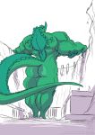  anthro big_muscles butt conditional_dnp dam female green_body green_scales horn huge_muscles jollyjack kaiju muscular muscular_anthro muscular_female reptile restricted_palette river scales scalie solo water 