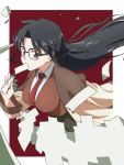  1girl absurdres black_hair blue_eyes border breasts coat glasses highres holding holding_paper large_breasts long_hair long_sleeves meme_tesshin mouth_hold necktie paper read_or_die red_background red_neckwear simple_background solo white_border yomiko_readman 