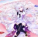  1girl absurdres breasts fate/grand_order fate_(series) flower flower_bed gloves highres holding holding_staff kurogiri long_hair looking_at_viewer merlin_(fate/prototype) open_mouth petals red_eyes staff thighhighs thighs very_long_hair white_hair white_robe wide_sleeves 
