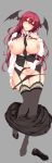  1girl absurdres between_breasts black_footwear black_legwear black_neckwear black_wings breasts breasts_outside collared_shirt demon_wings full_body grey_background head_tilt head_wings highres koakuma large_breasts long_hair long_sleeves looking_at_viewer necktie necktie_between_breasts nipples no_bra open_clothes open_shirt ouma_tokiichi panties panty_pull pubic_tattoo pulled_by_self red_eyes red_hair shirt shoes simple_background skirt skirt_pull solo tattoo thighhighs touhou underwear wing_collar wings work_in_progress 