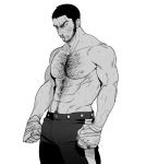  1boy abs angry bandages bara beard black_eyes black_hair blood bruise_on_face chest chest_hair facial_hair goatee golden_kamuy greyscale highres male_focus manly monochrome muscle navel navel_hair nipples nosebleed shirtless short_hair sideburns solo stubble suko_mugi sweat tanigaki_genjirou thick_eyebrows white_background 