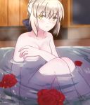  1girl :s absurdres arm_support artoria_pendragon_(all) bath black_ribbon blonde_hair blush braid breasts covering covering_breasts fate_(series) flower french_braid highres looking_at_viewer nude partially_submerged petals ribbon rose_petals saber sii_artatm small_breasts solo steam yellow_eyes 