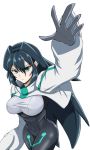  1girl aqua_eyes bangs black_hair bodysuit breasts from_above gundam gundam_build_divers gundam_build_divers_re:rise hand_up highres large_breasts looking_up mafuyu_tora may_(gundam_build_divers_re:rise) open_hand shrug_(clothing) solo white_background 