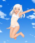  1girl absurdres barefoot bikini blonde_hair blue_eyes blue_sky cloud commentary_request flat_chest flower full_body hair_flower hair_ornament highres huge_filesize jumping kantai_collection long_hair looking_at_viewer one-piece_tan ro-500_(kantai_collection) sc_naru sky smile solo swimsuit tan tanline waving white_bikini 
