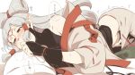  1girl asutora bare_shoulders blush bridal_gauntlets brown_eyes covering_mouth fingernails grey_hair heavy_breathing long_hair lying masturbation on_side paya_(zelda) pointy_ears simple_background solo the_legend_of_zelda the_legend_of_zelda:_breath_of_the_wild translation_request white_background 