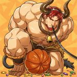  1boy abs bara bare_chest bell bound bound_wrists brown_eyes brown_shorts candy chest cow_bell cow_boy cow_horns cow_tail dorcas_(fire_emblem) facial_hair fire_emblem fire_emblem:_the_blazing_blade fire_emblem_heroes food full_body goatee halloween halloween_costume horns male_focus manly minotaur monster_boy muscle nipple_piercing nipples nose_piercing original piercing pumpkin red_hair short_hair shorts sideburns solo tail thick_thighs thighs zelo-lee 