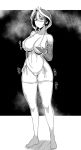  1girl absurdres ass_visible_through_thighs bangs bikini black_eyes black_hair breasts cleavage eyebrows_visible_through_hair full_body gloves greyscale highres large_breasts made_in_abyss micro_bikini monochrome multicolored_hair navel ozen shimantogawa short_hair solo standing stomach swimsuit thighhighs two-tone_hair white_hair 