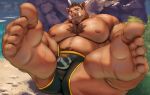  2020 5_toes absurd_res anthro belly blizzard_entertainment brown_body brown_fur bulge clothing episode0006 feet foot_focus fur hi_res humanoid_feet logo male mammal musclegut nipples outside overwatch rock slightly_chubby soles solo suid suina sus_(pig) toes underwear video_games wild_boar 